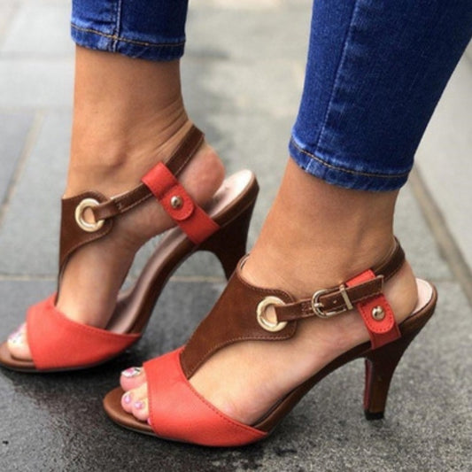 Open Toe Buckle Red and Black Stiletto Heel Sandals